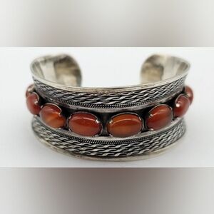 Sterling Silver Carnelian Wide Statement Cuff Bracelet